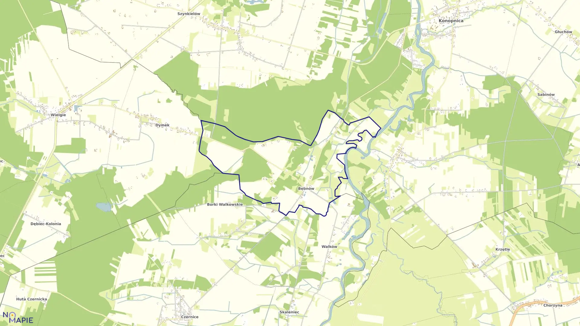 Mapa obrębu BĘBNÓW w gminie Konopnica